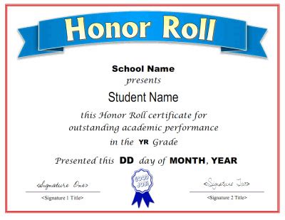 printable honor roll award certificate     formats