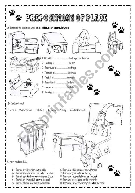 english worksheets prepositions  place