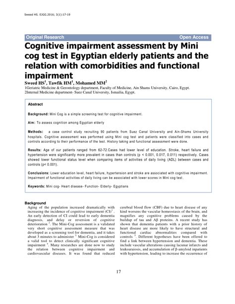 cognitive impairment assessment  mini  test  egyptian elderly patients