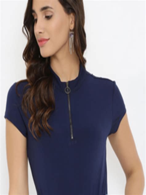 buy kazo women navy blue solid high neck t shirt tshirts for women