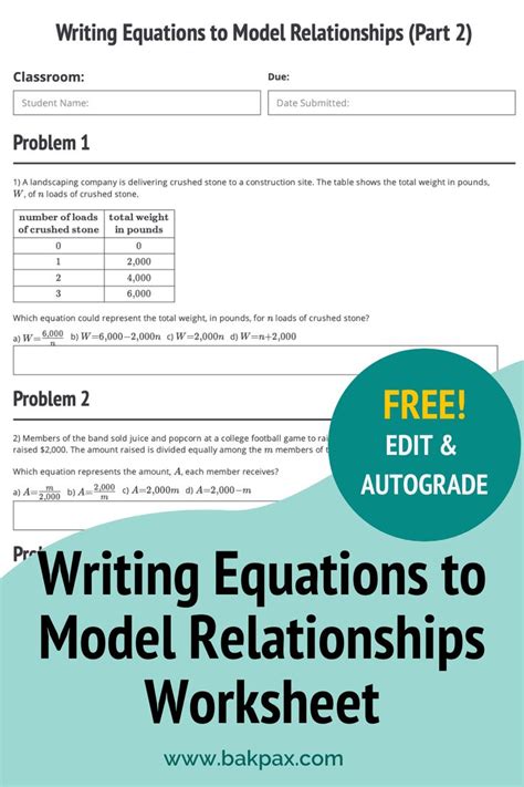 writing equations  model relationships worksheet algebra