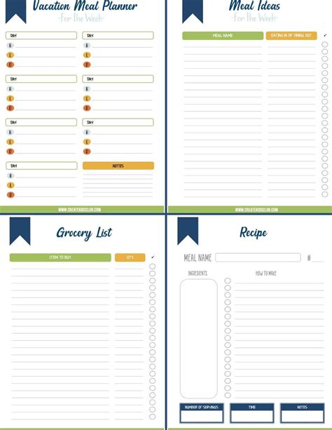 vacation meal planning template create kids club