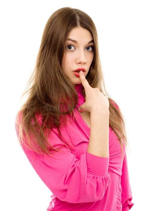 Beautiful Woman Finger Mouth Stock Image Image Of Looking Confusion