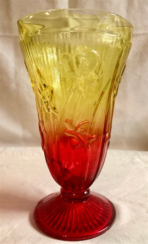Antique Amberina Iris Depression Glass Vase