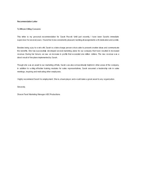 sample letter  recommendation  employee templates