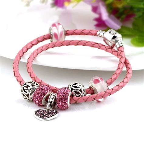 Summer Pink Leather Bracelet With Metal And Glass Bead Charms Pandora