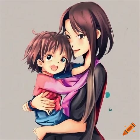 anime illustration of a mother holding her son