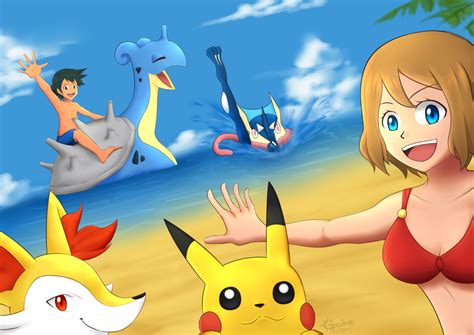 Ash Serena And Their Pokemon Having Fun At The Beach
