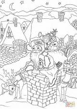 Santa Coloring Claus Pages Christmas Chimney House Presents Down Printable Entering Via Fireplace Print Color Come Drawing Merry Cool sketch template