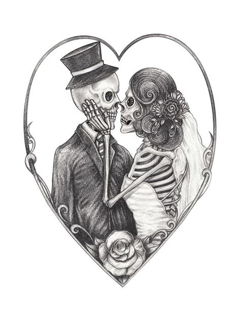 A Drawing Of A Skeleton Couple In A Heart Shaped Frame With The Bride