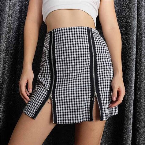 2018 new women mini skirts high waist sexy skirts checker zipper up