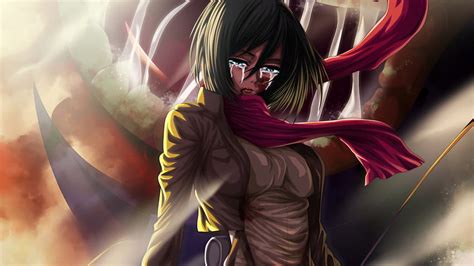 Attack On Titan Mikasa Ackerman Crying With Red Scarf Anime Anime