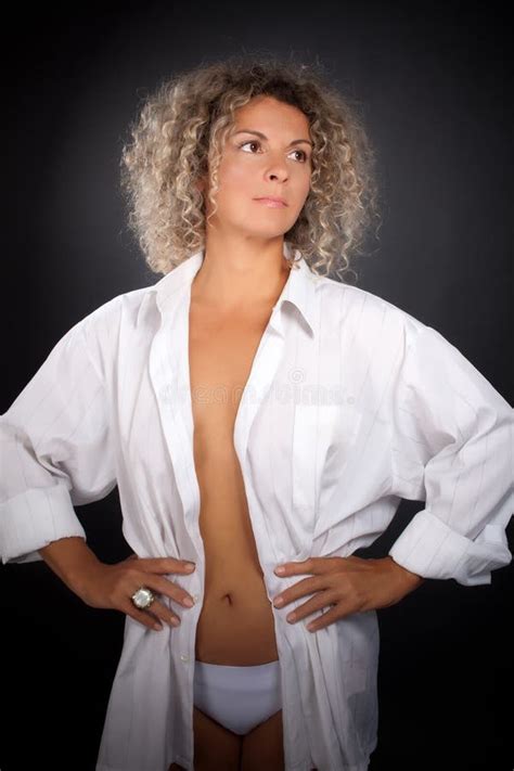 mature woman wearing man shirt stock image image  frizzle makeup