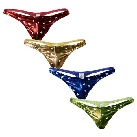 4pcs Gay Thongs G Strings Pu Leather Printed Micro Thongs Penis Pouch