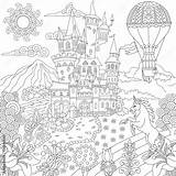 Kolorowanki Krajobraz Krajobrazy Bajkowy Zamek Jednorozec Wydrukowania Koncepcja Bajki Rocznika sketch template