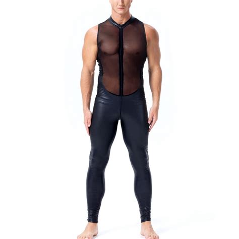 men hot wetlook faux leather mesh lingerie bodysuit erotic open crotch