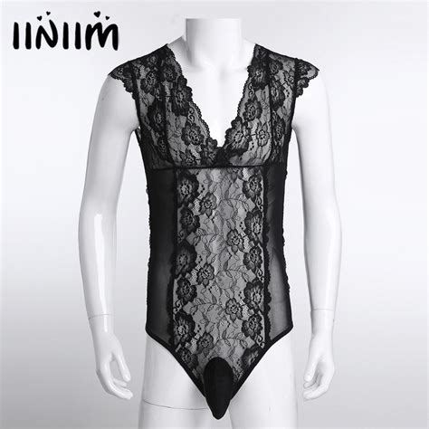 Black Sexy Gay Mens Lingerie Body Suit Sleeveless Sheer Floral Lace
