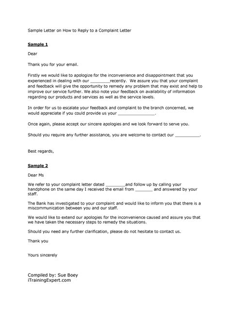 response  complaint letter sample letter    reply