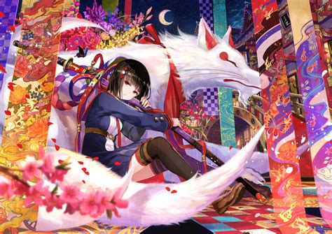 Wallpaper Anime Girl Shrine Katana White Fox Colorful