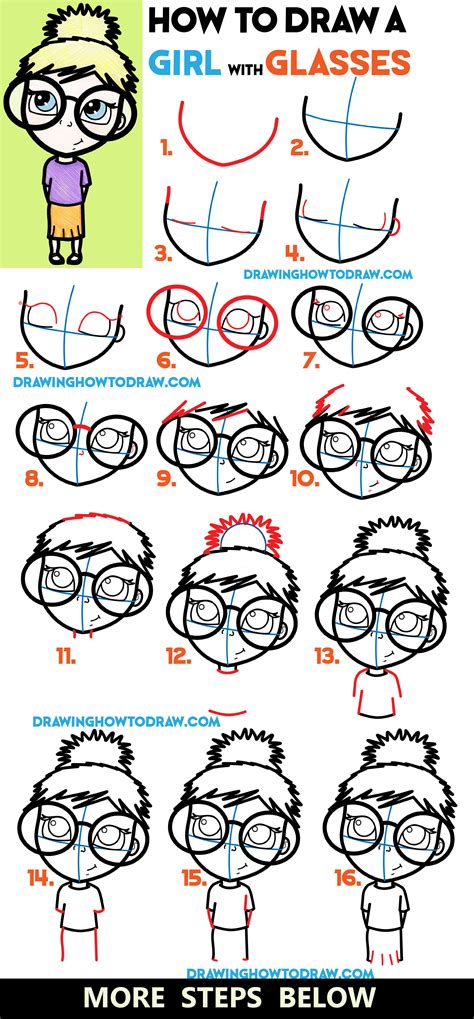 draw  cute girl  glasses illustration easy steps drawing