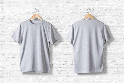 blank grey tshirts mockup hanging  white wall front  rear side view ready  replace
