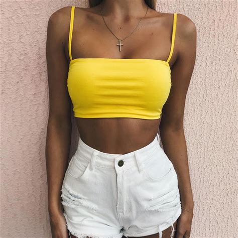 women sexy solid cotton bralette yellow cropped top tumblr fashion 2018