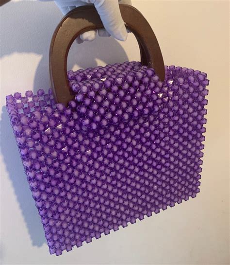 handmade purple beaded hand bag with wooden handles etsy