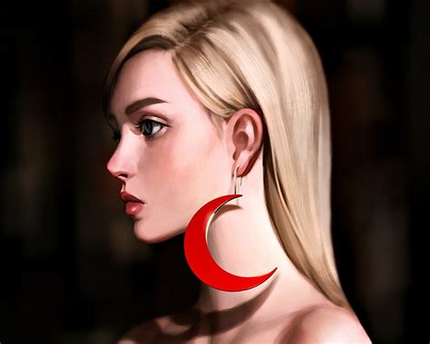 Red Moon Tsvetka Art Black Blonde Woman Earing Fantasy Girl