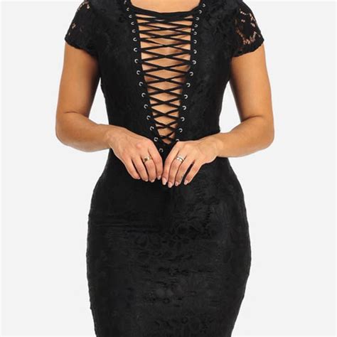 Black Lace Up Bottom Dress With Deep V Neck And Short Sleeve