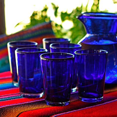 set of 6 hand blown glass cobalt angles drinking glasses mexico