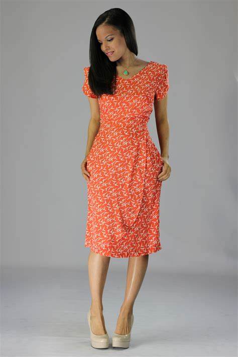 Modest Dresses In Coral Bird Print