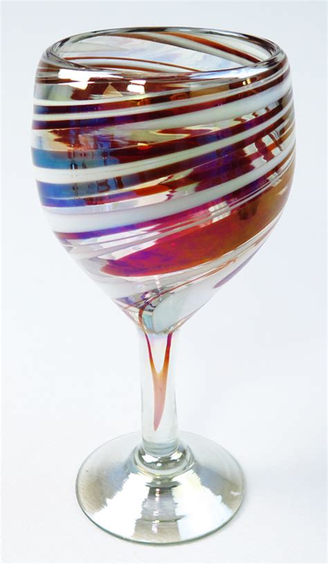 Wine Glass Hand Blown 12oz Red And White Swirl Iridescent