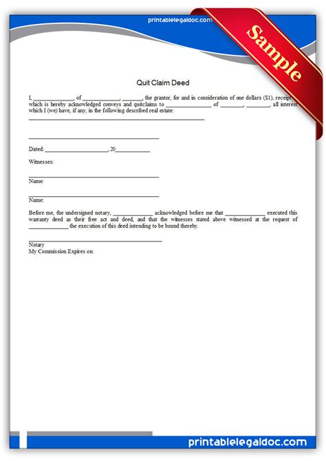 printable quit claim deed form generic