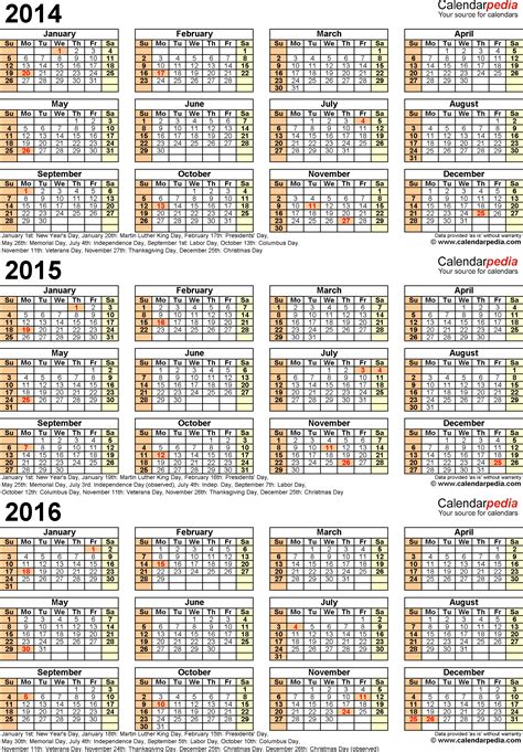 2014 2016 three year calendar free printable excel templates