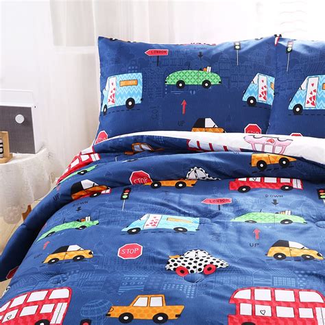 buy navy blue cartoon car comforter set reversible design  piece multi