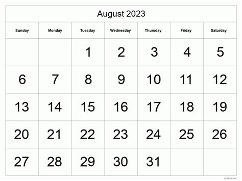 august  blank monthly calendar