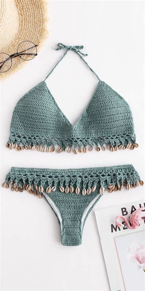 buy shells crochet bikini set swimsuit bean green crochet bikini