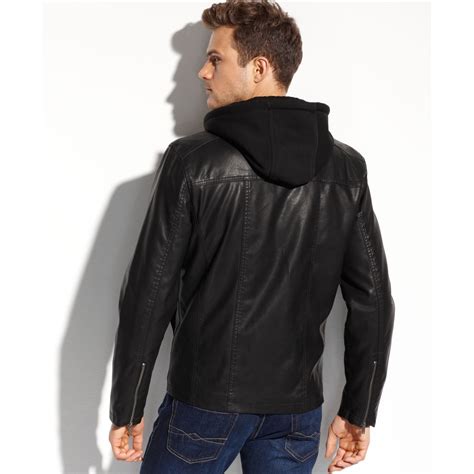 guess coats faux leather fourpocket hooded jacket  black  men lyst