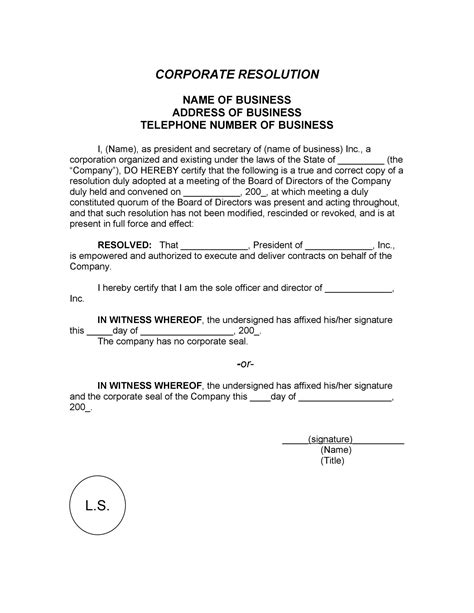 corporate resolution signing authority sample hq template documents
