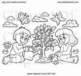 Planting Tree Girl Boy Clipart Lineart Illustration Royalty Clip Visekart Vector sketch template