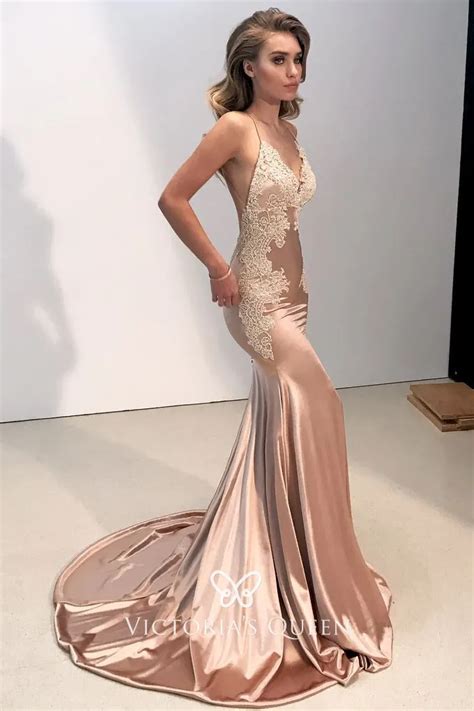 Classy Rose Gold Lace Appliqued Satin Long Prom Dress Vq