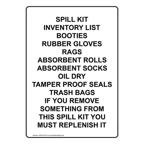 portrait spill kit inventory list booties rubber sign nhep