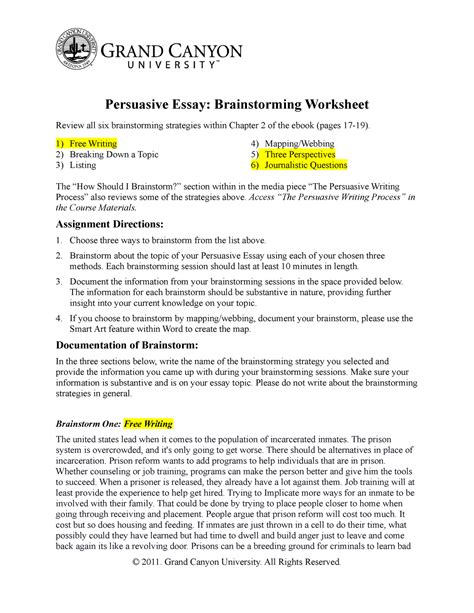 brainstorming worksheet  persuasive essay phi  gcu studocu