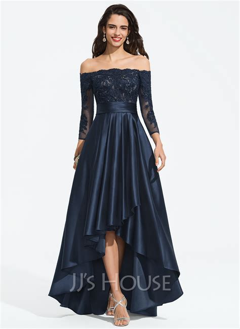 A Line Off The Shoulder Asymmetrical Satin Prom Dresses With Ruffle