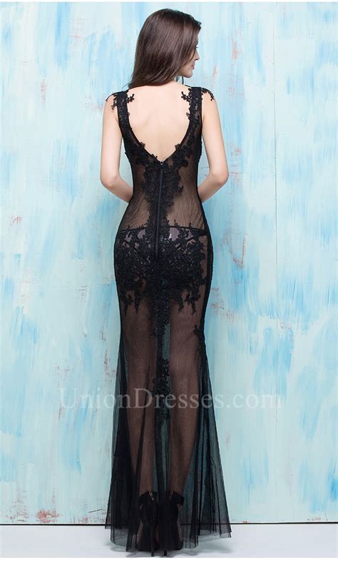 Sexy Mermaid V Neck Open Back See Through Black Tulle Lace