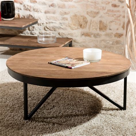 table basse ronde bois de teck recycle metal noir grand modele swing tables basses pier import