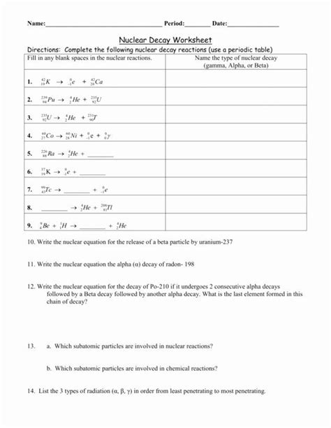nuclear decay worksheet answer key   chemistry worksheets
