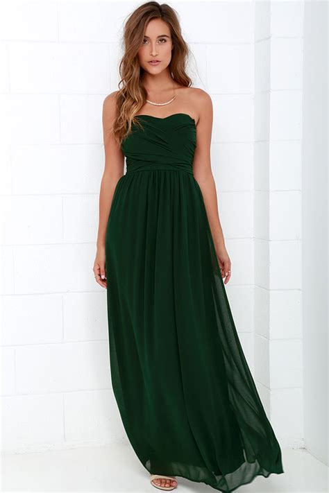 lovely dark green dress strapless dress maxi dress  lulus
