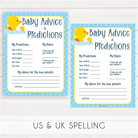 baby advice predictions card rubber ducky printable baby games