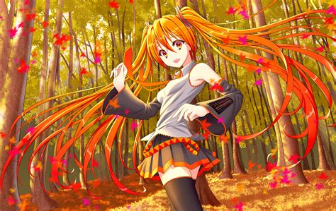 vocaloid autumn forest hatsune miku leaves long hair orange eyes orange
